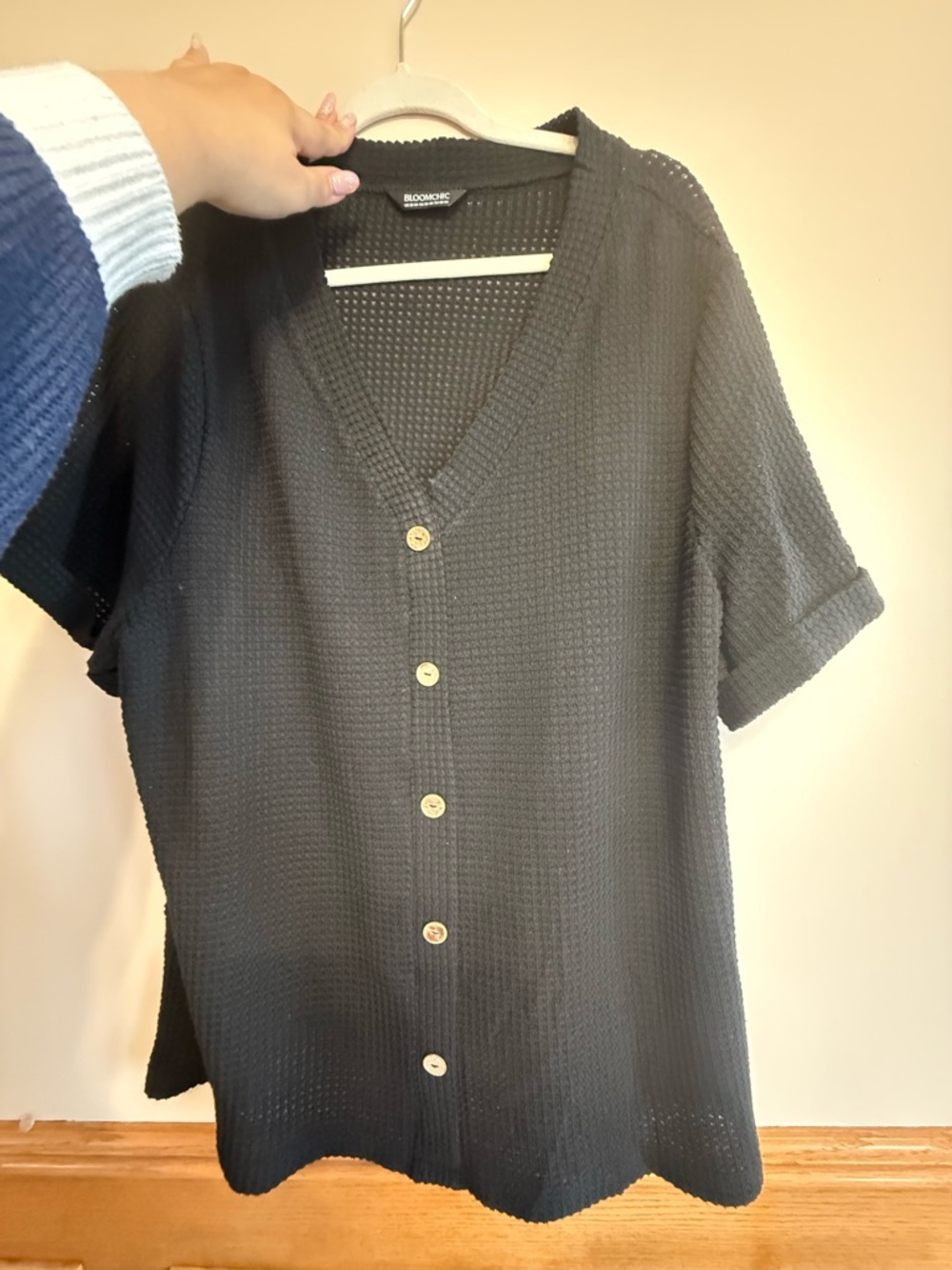BloomChic Black Short-Sleeve Button Waffle Knit Shirt